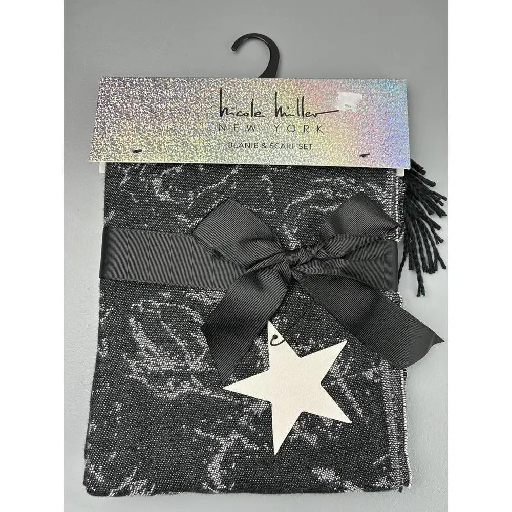 Nicole Miller New York Black and Silver Floral Pattern Scarf
